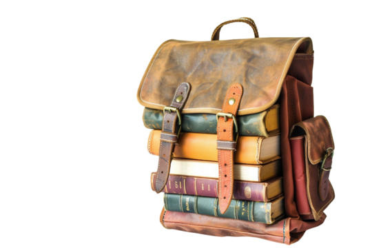 Heavy school backpack full of books isolated on transparent background