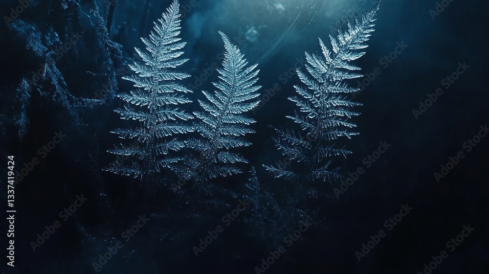 Poster frost patterns forming delicate fern-like shapes on the surface of dark tinted glass illuminated by 