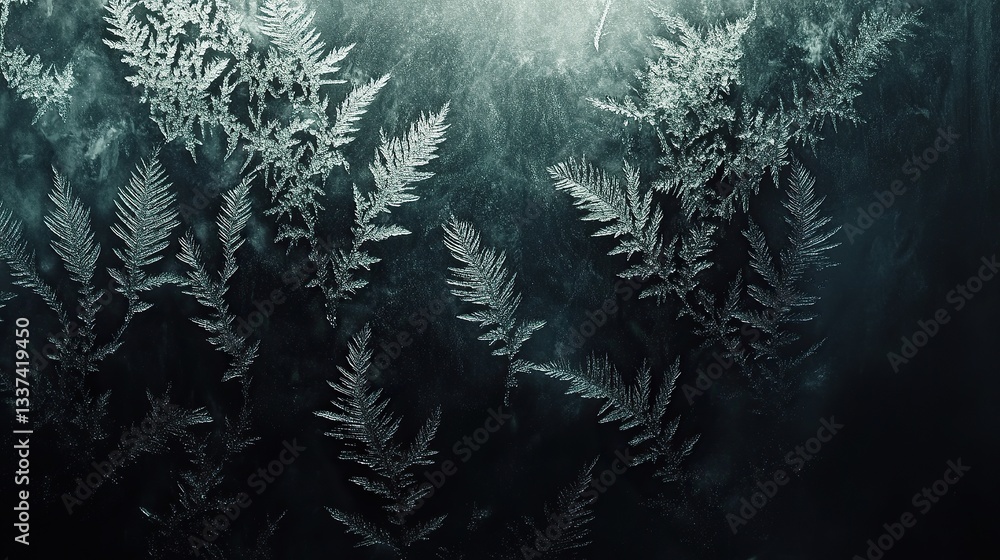 Aufkleber frost patterns forming delicate fern-like shapes on the surface of dark tinted glass illuminated by 