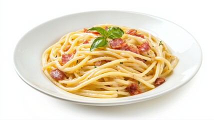Classic spaghetti carbonara with a creamy egg sauce, crispy pancetta, and black pepper, served in a white dish on a white background.

