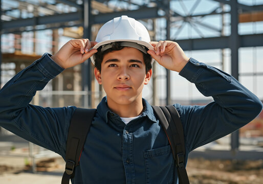 Confident young engineer making career choice, adjusting hardhat at construction site, embodying professionalism and safety