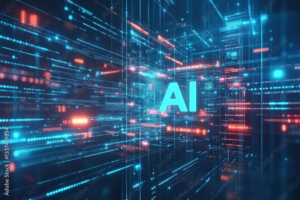 Poster dynamic graphic layout showcasing artificial intelligence in a futuristic digital environment