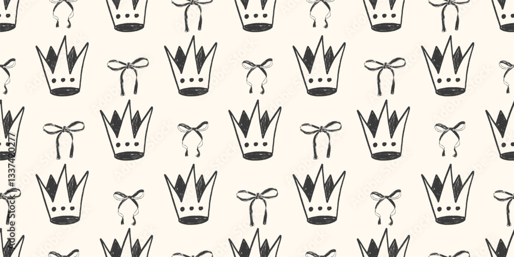 Poster crown sketch seamless pattern. coquette ribbons and king marker endless background. bow and royal si