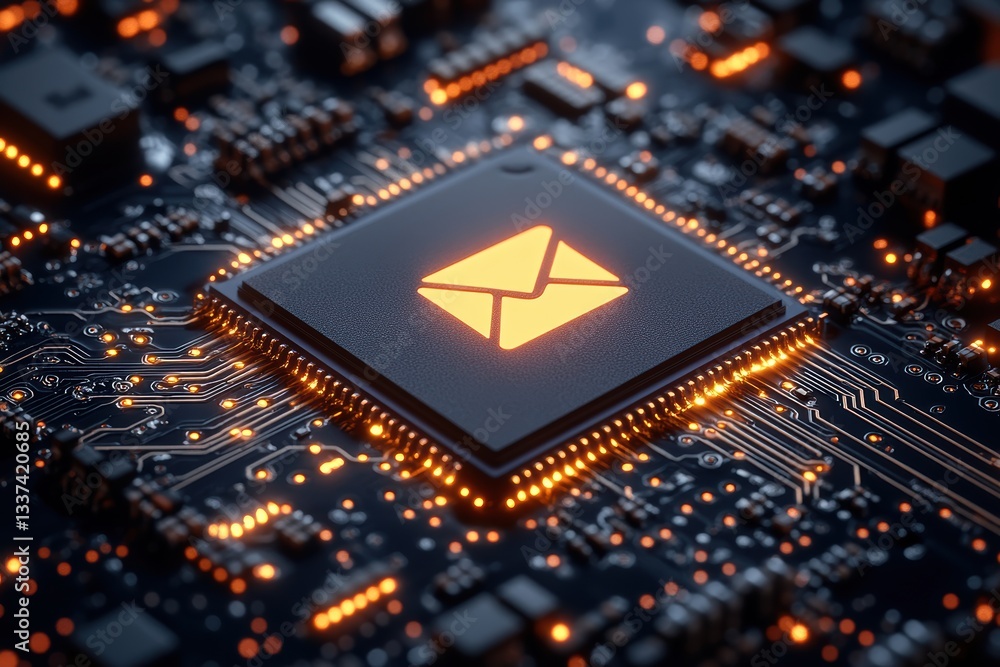 Poster graphic layout for computer advertising featuring a circuit board with an email symbol