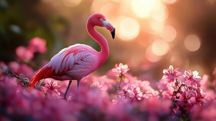 Naklejka premium A pink flamingo stands gracefully among vibrant blooming flowers.