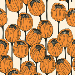 Spring colorful vector illustration with tulips. Cartoon style. Simple minimalistic pattern with nature elements. Vector illustration for fabric, textile, poster, invitation.