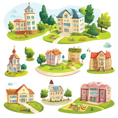Naklejka premium Modern Buildings of School, Kindergarten, and University for Educational Concepts