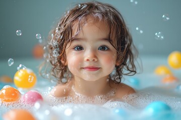 Relaxing moments of joy with a child in a bubbly bath surrounded by colorful balls
