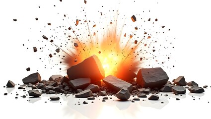 Dynamic explosion with flying debris and shattered rocks, showcasing intense impact and fiery blast against a clean white background