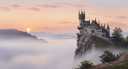 Obraz premium Castle on Cliff Overlooking Misty Landscape at Sunrise with Birds