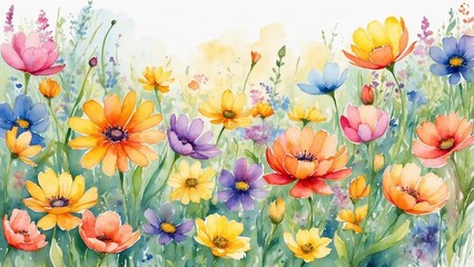 Colorful watercolor flowers in a vibrant garden setting with a soft, dreamy background