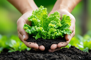 In lush garden, hands sprinkle nutrient-rich compost around thriving vegetable plants, fostering soil health and vibrant growth in an eco-friendly manner, promoting nature balance