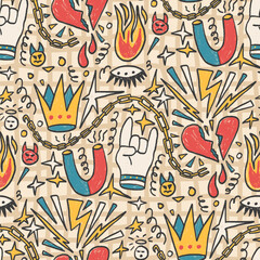 Girly punk rock crayon seamless pattern. Graffiti doodle marker endless background. Naive scribble hors, fire, crown repeat cover. Crayon continuous gingham ornament. Vector hand drawn illustration.