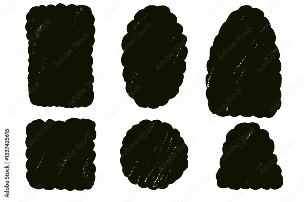 Poster wobbly edged callout shapes. text boxes frames set. oval, circle and rectangle figures. vector hand 