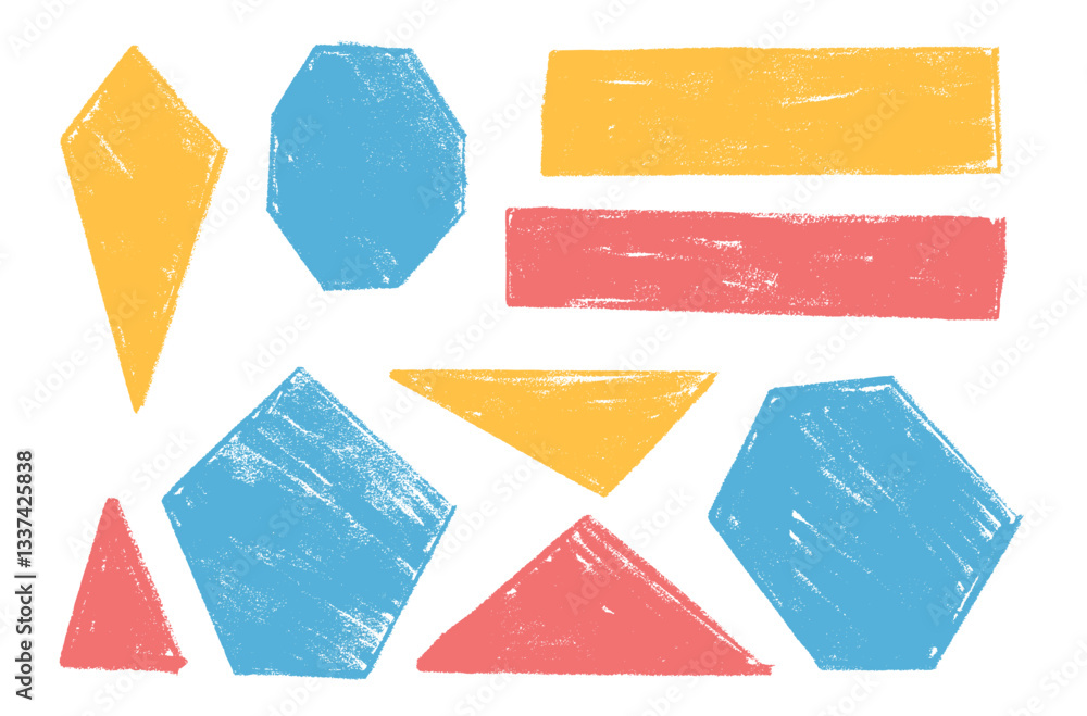Poster kids geometric shapes set. text boxes textured frames. rounded and square figures. vector hand drawn