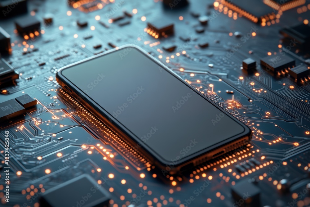 Poster modern smartphone resting on a circuit board illuminated by glowing lights and intricate patterns