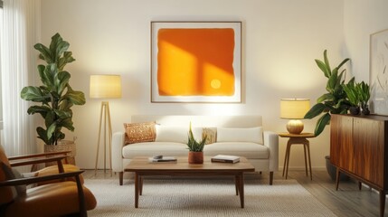 Sunny living room, mid-century modern furniture, plants, art. Home decor, interior design