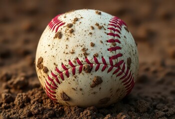 Mud-caked baseball, close-up showing stitching and dirt texture, stitches, dirty baseball