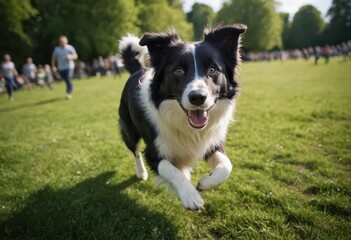 Border collie running outdoors on the green grass of a public park, doyy playinh outdoors in the nature