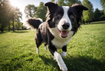 Fototapeta premium Border collie running outdoors on the green grass of a public park, doyy playinh outdoors in the nature