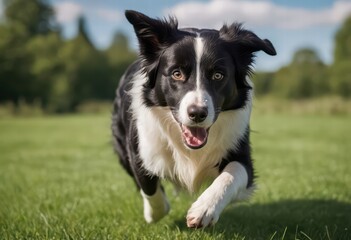 Border collie running outdoors on the green grass of a public park, doyy playinh outdoors in the nature