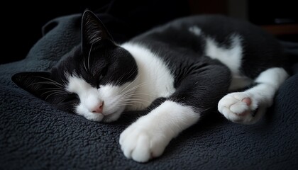 Tuxedo Cat Napping on Soft Blanket.