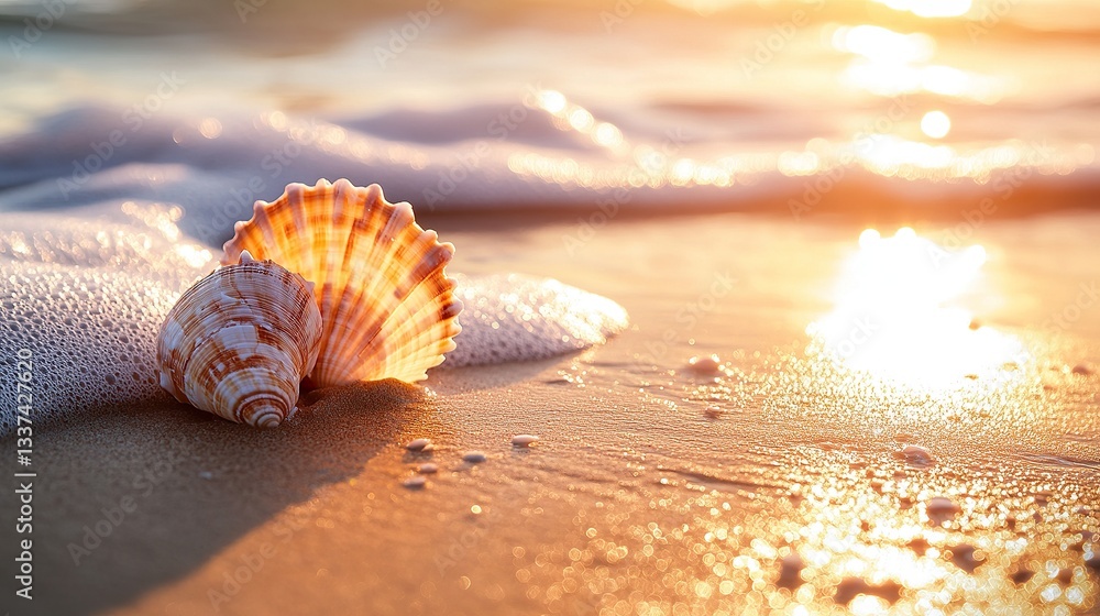 Poster perfectly aligned ripple patterns on a sandy beach as the golden sunlight highlights natural wave fo