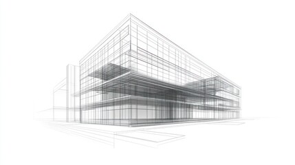 Architectural blueprint of modern office building, rendering in grayscale, suitable for design inspiration