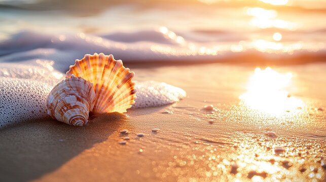 perfectly aligned ripple patterns on a sandy beach as the golden sunlight highlights natural wave forms and subtle textures around seashells --ar 16:9 - Image #4 @HS