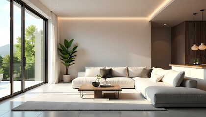 Fototapeta premium A contemporary living room featuring sleek white furniture, bright decor, and large windows allowing natural ligh