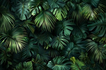 Lush overlapping green tropical leaves create a natural botanical background design