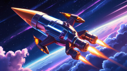 Obraz premium Rocket soaring through space against a backdrop of stars and nebula. Engines blazing, it represents exploration and innovation.