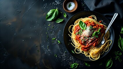 Overhead Shot of a Black Plate Heaped with Spaghetti, Homemade Tomato Sauce, and Fresh Basil &ndash; Classic Italian Pasta Dish on a Dark Background