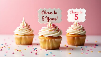 Celebratory cupcakes with swirls of vanilla frosting, topped with pink sprinkles and a festive ‘Cheers 5 Years!’ sign. 