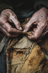 Elderly Hands Mending Old Fabric