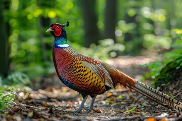 Fototapeta premium Close up of a colorful pheasant resting in dense forest underbrush with exquisite detail