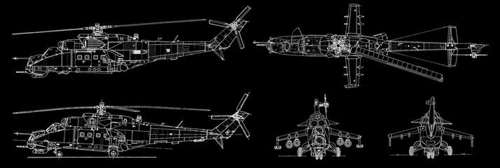 Drawing of russian military transport helicopter. General view. Technical cad scheme on paper sheet. Aviation engineering hand drawn sketch. © TKalinovskaya
