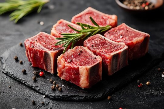 Freshly cut lamb loin chops garnished with rosemary and peppercorns on a slate board - Powered by Adobe