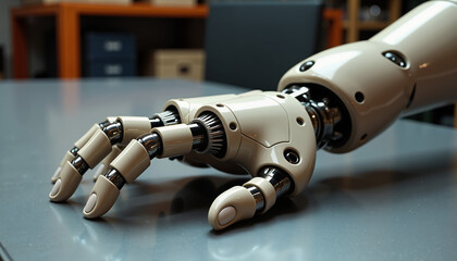 Robotic hand with artificial skin technology in a futuristic lab