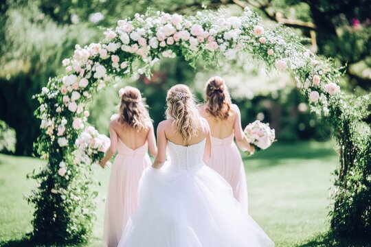 Elegant outdoor wedding under a floral arch with bridesmaids