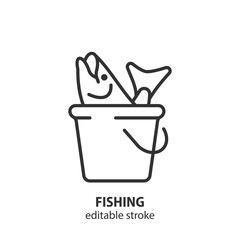 Fish in bucket line icon. Fishing symbol. Editable stroke. Vector illustration.