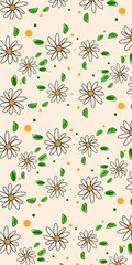 Hand-Drawn Daisy Floral Seamless Pattern with Leaves and Dots