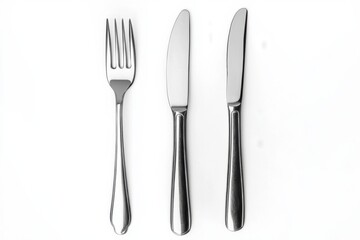 Stainless steel fork and knife set on white background