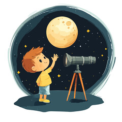 Fototapeta premium Curious Little Boy Looking Through Telescope and Waving