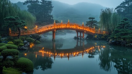 Peaceful Japanese garden bridge at dawn with reflection. 
