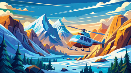 A helicopter flying on a sunny day in glacier covered mountains © ehsanollah