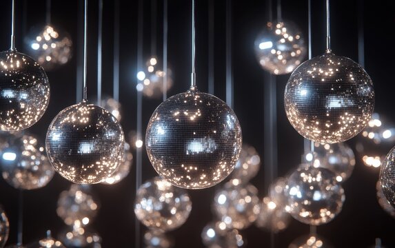Silver disco balls with warm bokeh lights	