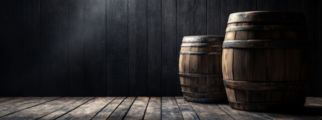Aged Wooden Barrels on Rustic Flooring