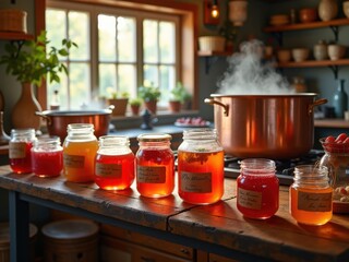 Cocina artesanal de mermeladas, frutas frescas burbujeando en ollas de cobre, frascos de vidrio llenos de mermeladas vibrantes, etiquetas escritas 