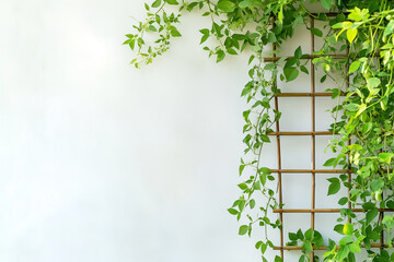 Vibrant green peas wind their way up a trellis, creating a harmonious blend of nature and structure in a tranquil garden environment. The soft light enhances the freshness of the plants